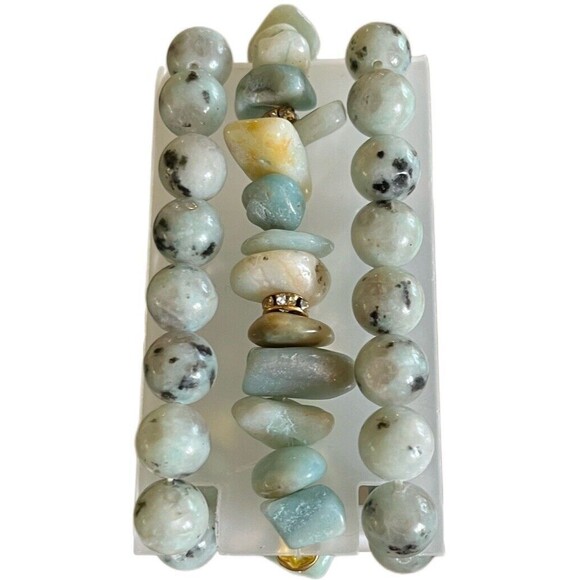 Gemstone Beaded Bracelet Set Stretchable Kiwi Beads/Amazonite Chips/Rhinestones - Picture 5 of 7